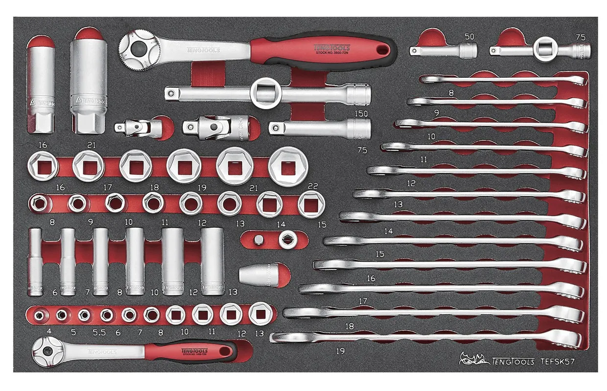 DOPPEN EN STEEKRINGSLEUTELSET FOAM3 TRAY 1/4" 3/8" 4 22MM 57 DELIG TENG TOOLS