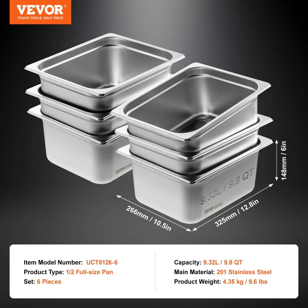 VEVOR 6 x hotelpannen gastronormbakken RVS 1/2 maat 325x266x148mm