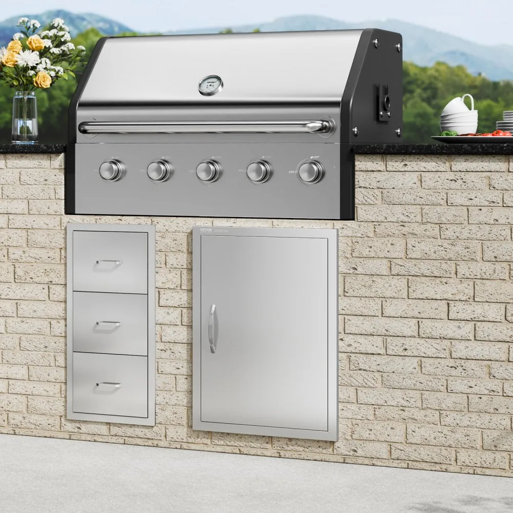 VEVOR Grilltoegangsdeur, 508 x 686 mm, enkele buitenkeukendeur, inbouw roestvrijstalen deur, verticale wanddeur met handvat, voo